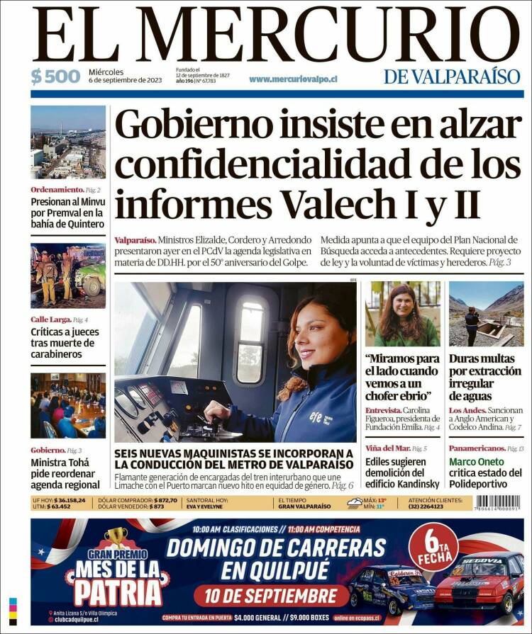 Portada de Mercurio de Valparaiso (Chile)