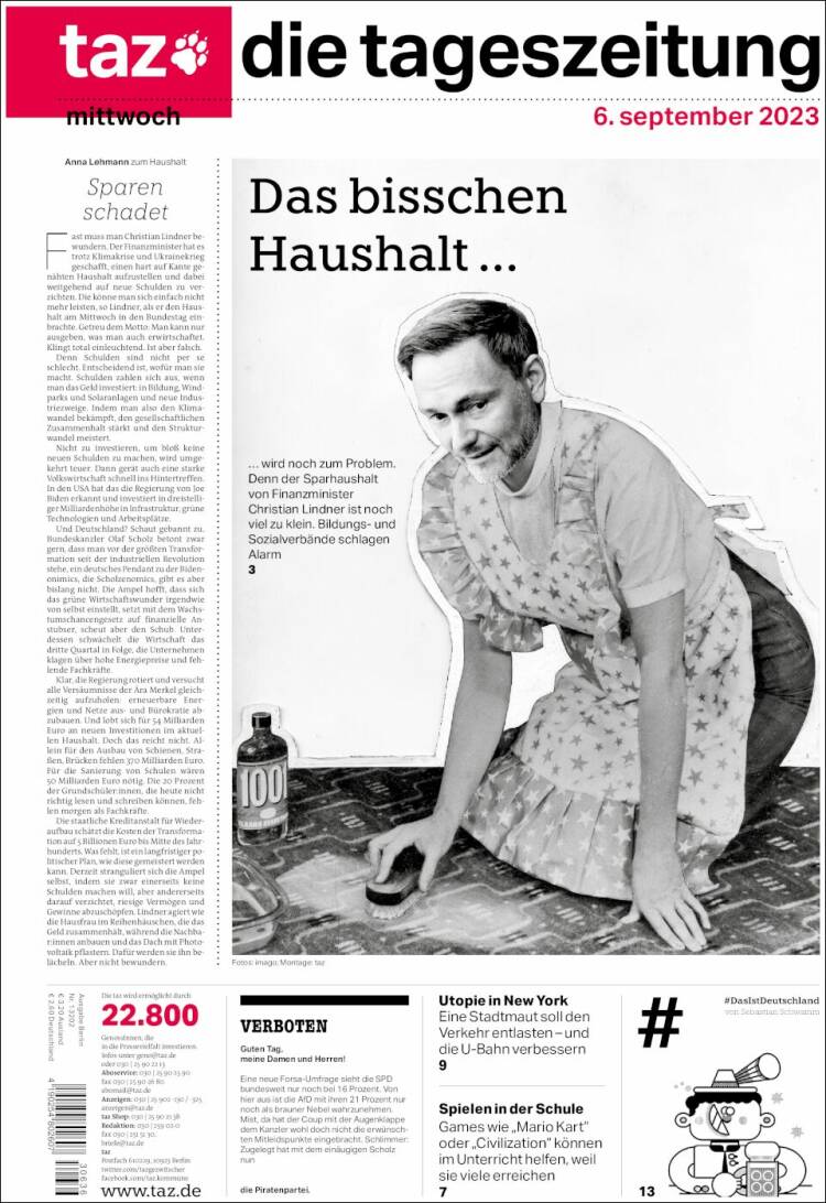 Portada de Die Tageszeitung (Alemania)