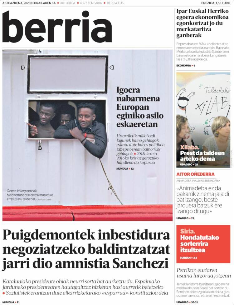 Portada de Berria (España)