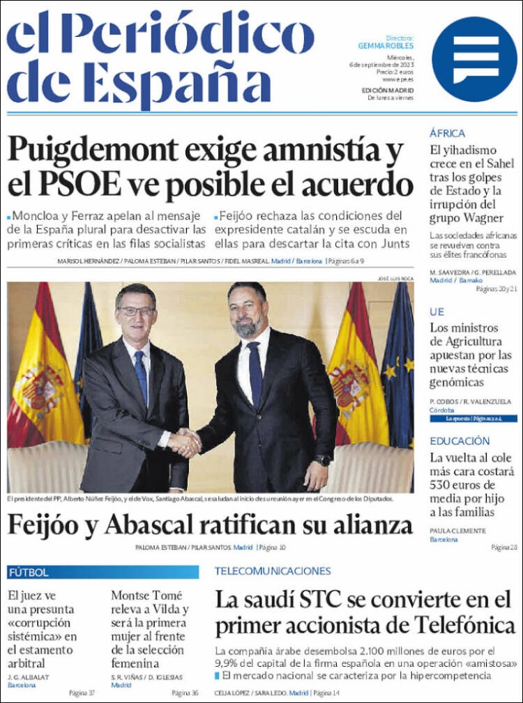 Portada de El Periódico de España (España)
