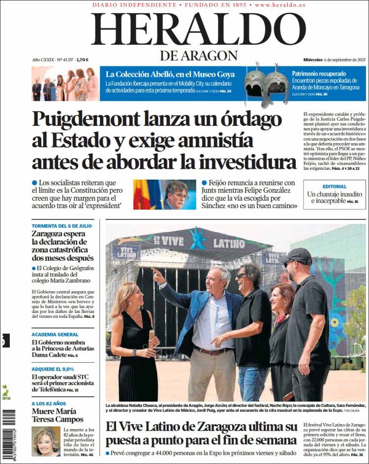 Portada de Heraldo de Aragón (España)