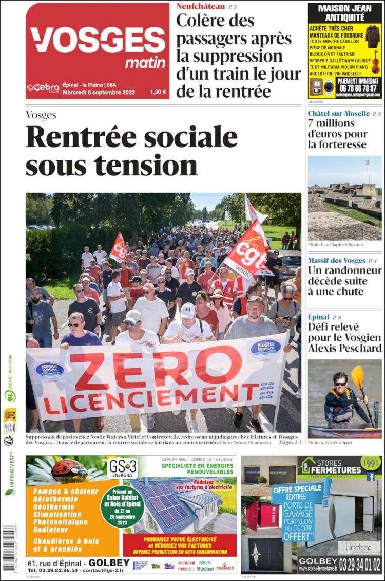 Portada de Vosges Matin (Francia)