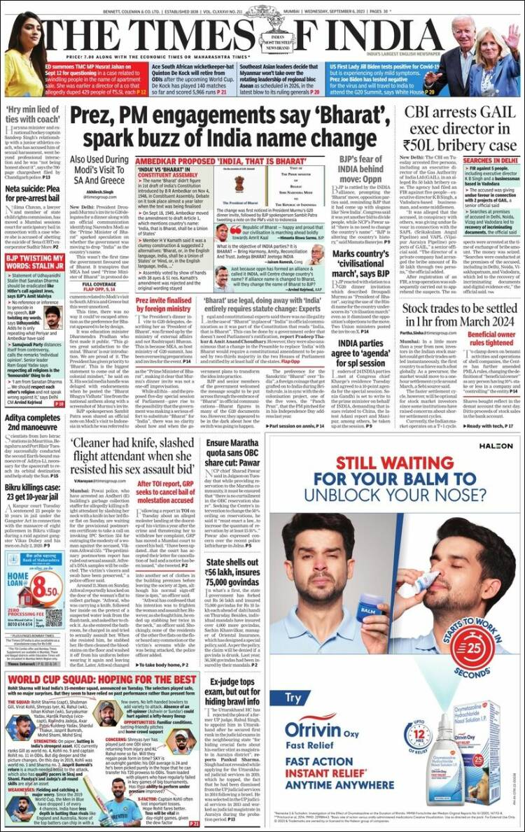 Portada de The Times of India (India)
