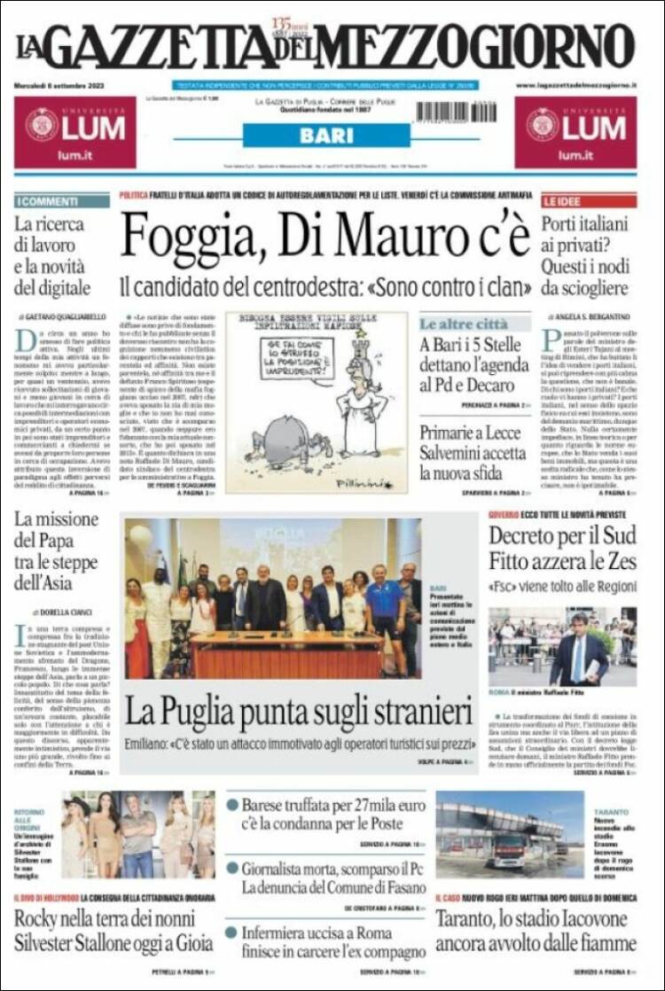 Portada de La Gazzetta del Mezzogiorno (Italia)