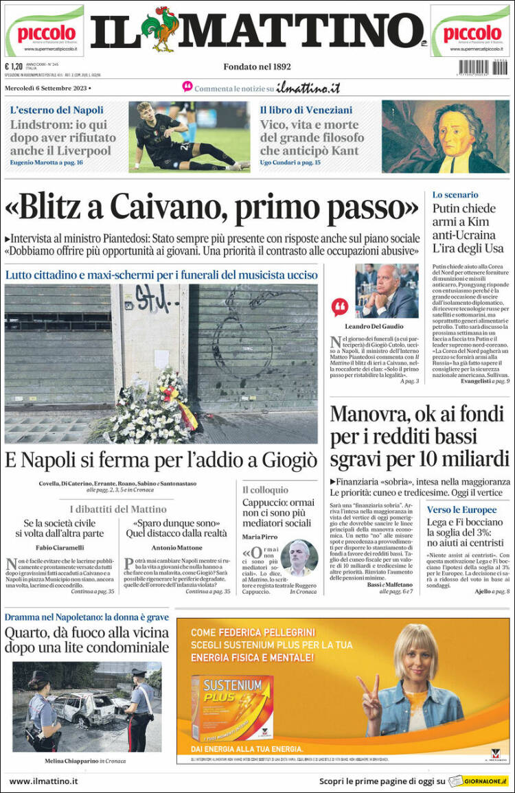 Portada de Il Mattino (Italia)