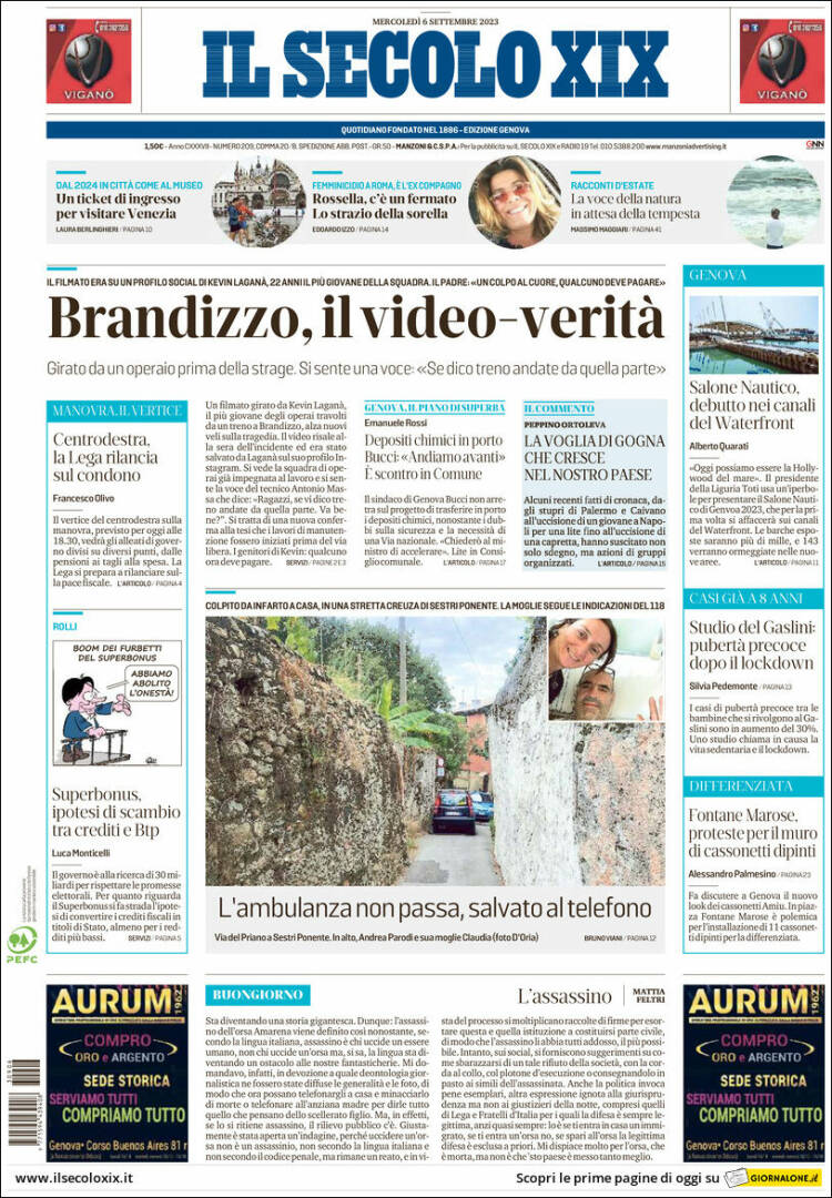 Portada de Il Secolo XIX (Italia)