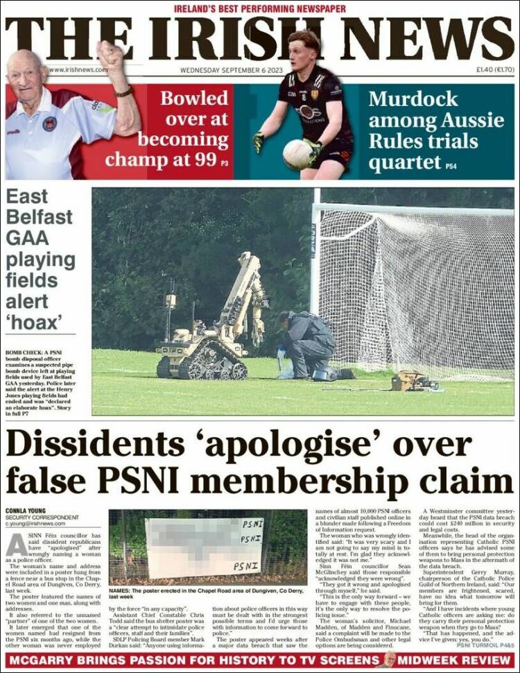 Portada de Irish News (Reino Unido)