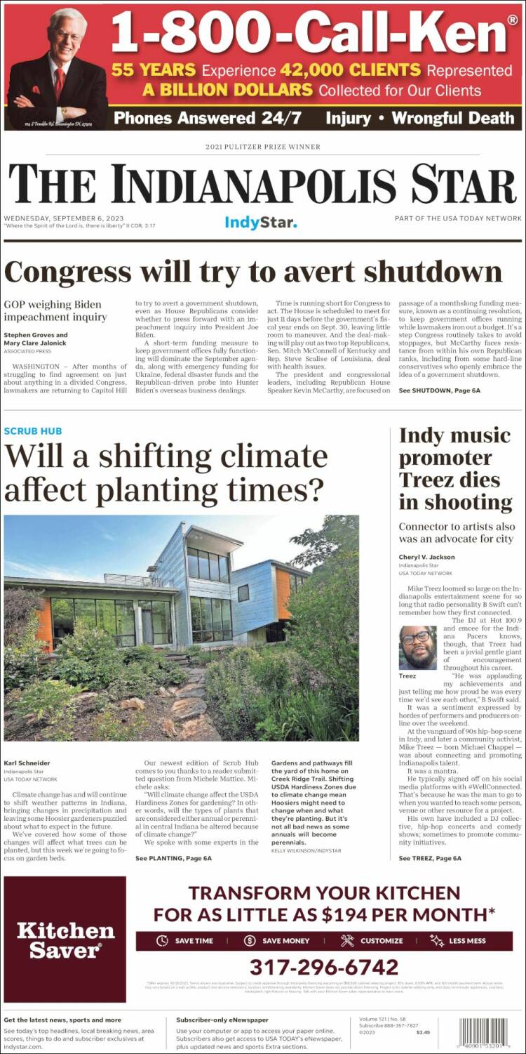 Portada de The Indianapolis Star (USA)