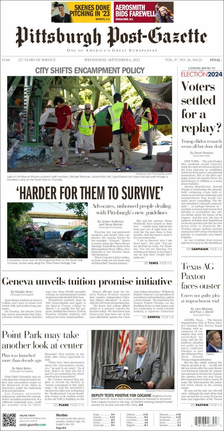 Portada de Pittsburgh Post-Gazette (USA)