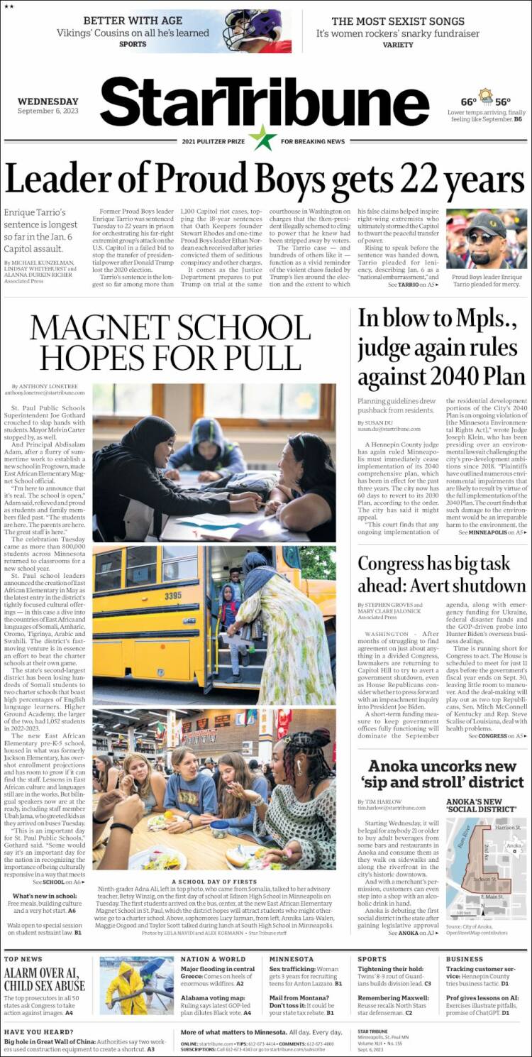 Portada de Star Tribune (USA)