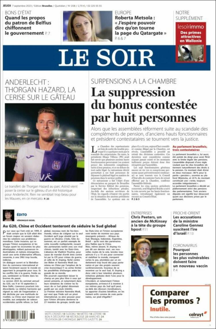 Portada de Le Soir (B&eacute;lgica)