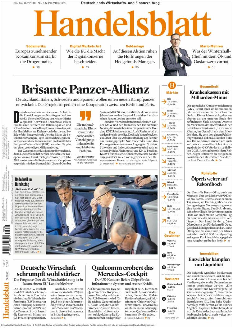 Portada de Handelsblatt (Alemania)