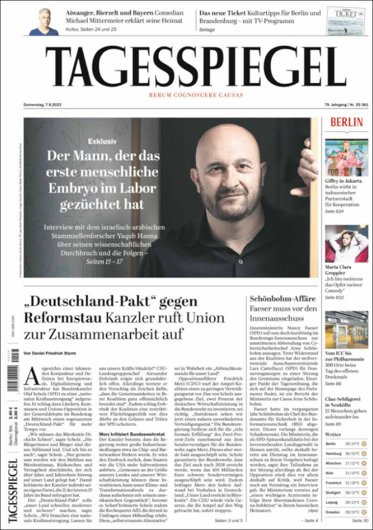 Portada de Der Tagesspiegel (Alemania)
