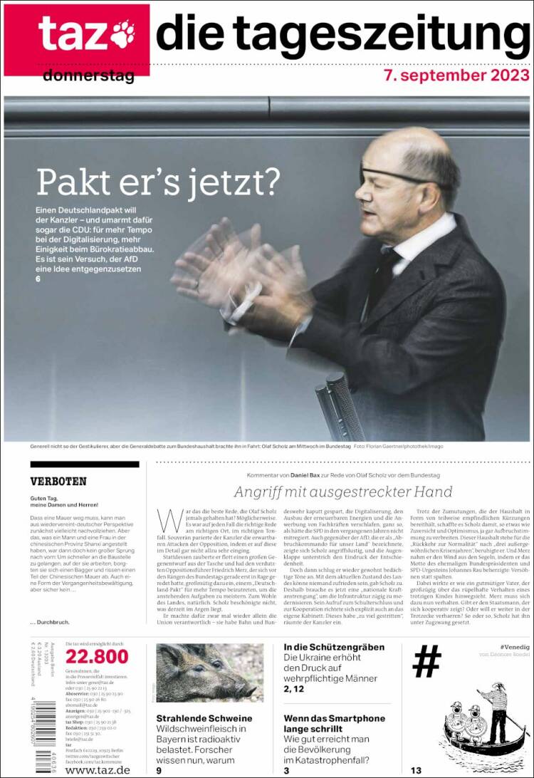 Portada de Die Tageszeitung (Alemania)