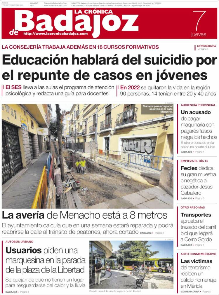 Portada de La Crónica de Badajoz (España)