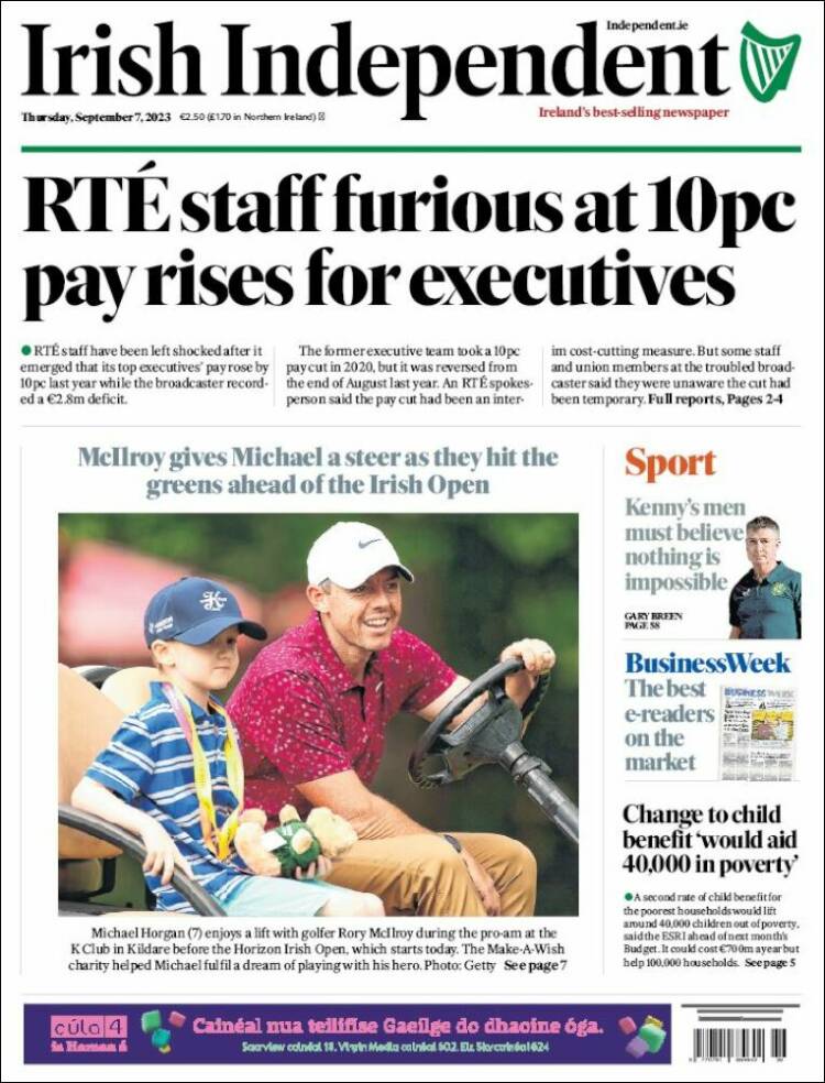 Portada de Irish Independent (Irlanda)