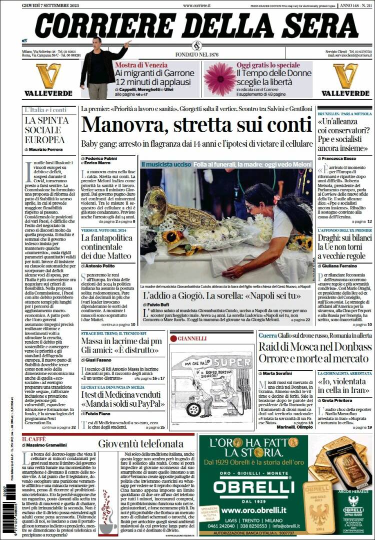 Portada de Corriere della Sera (Italia)