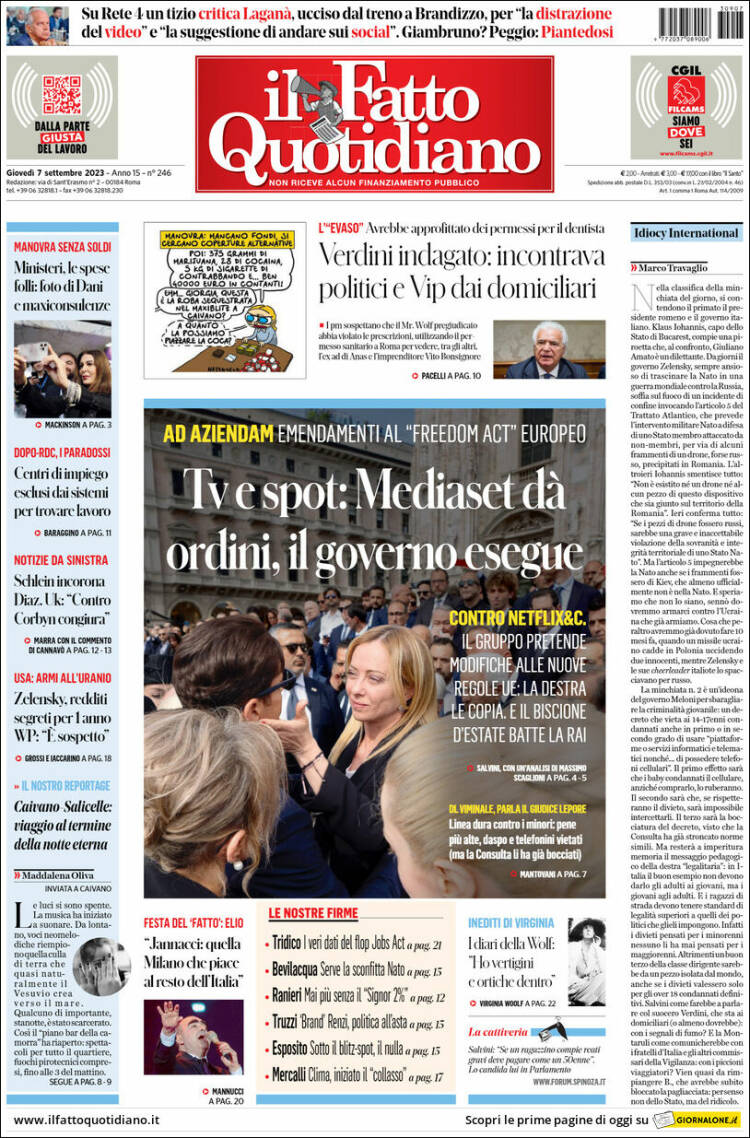 Portada de Il Fatto Quotidiano (Italia)