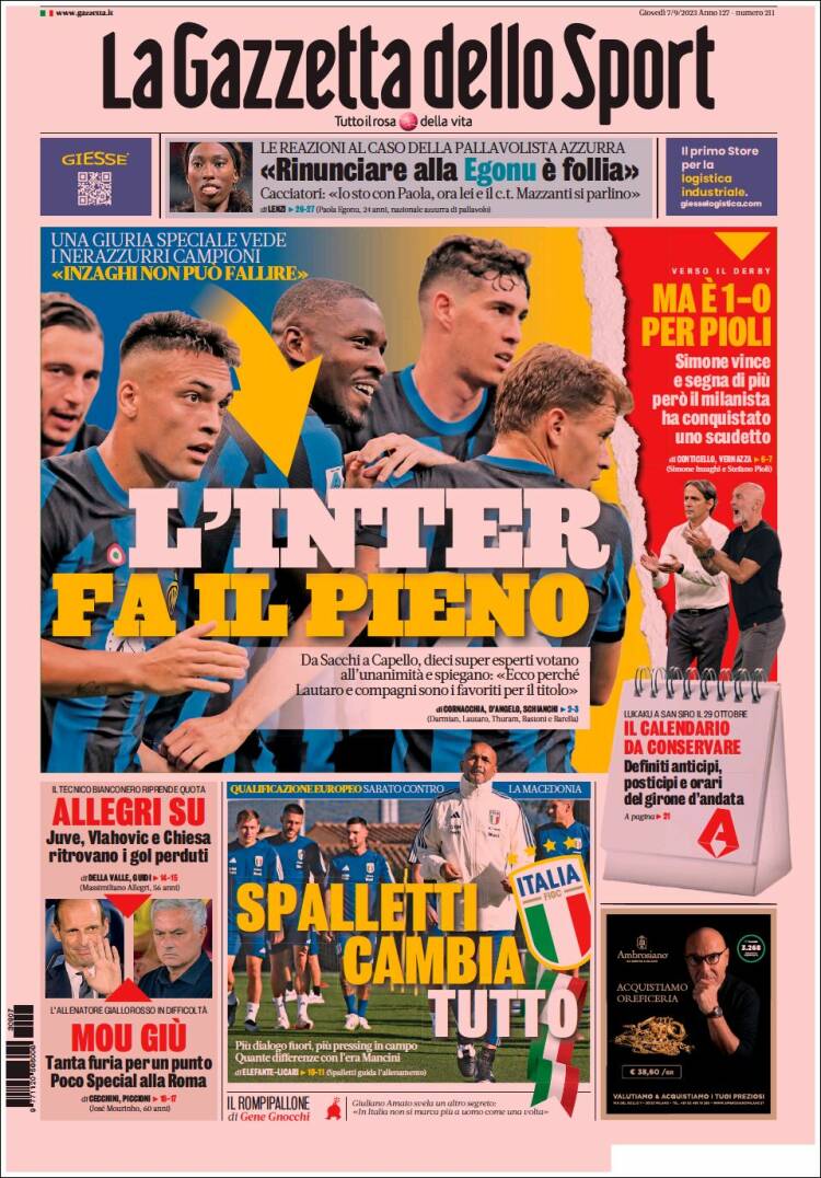 Portada de La Gazzetta dello Sport (Italia)