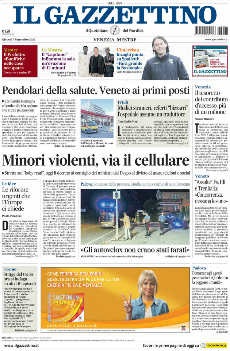 Portada de Il Gazzettino (Italia)