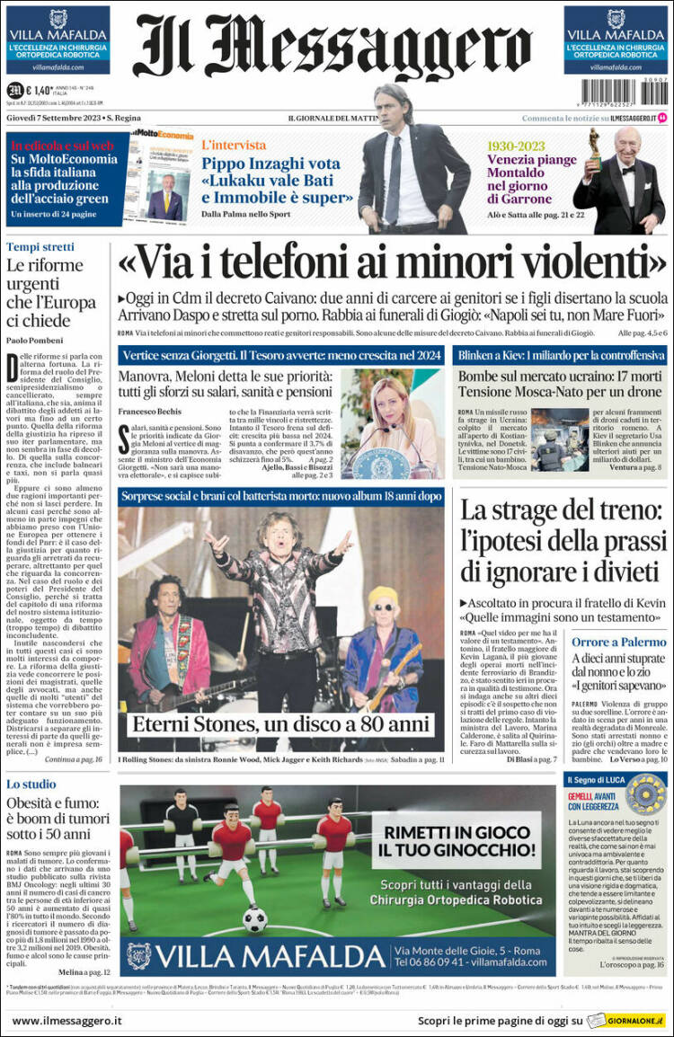 Portada de Il Messaggero (Italia)