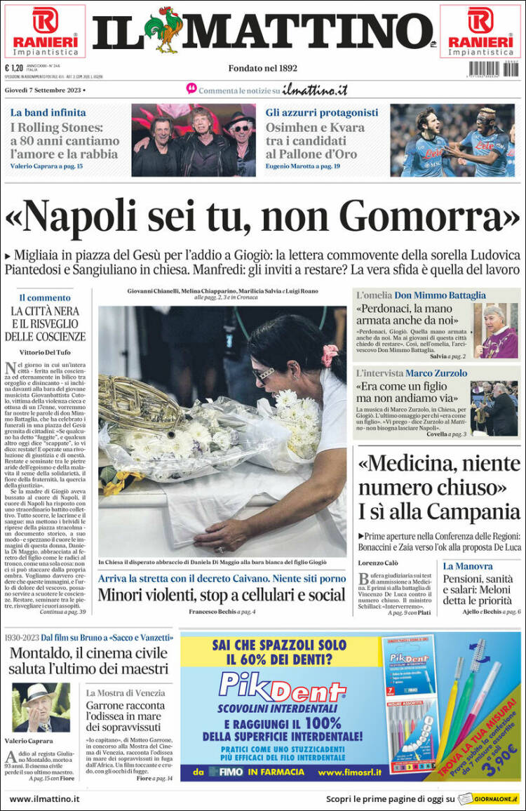 Portada de Il Mattino (Italia)