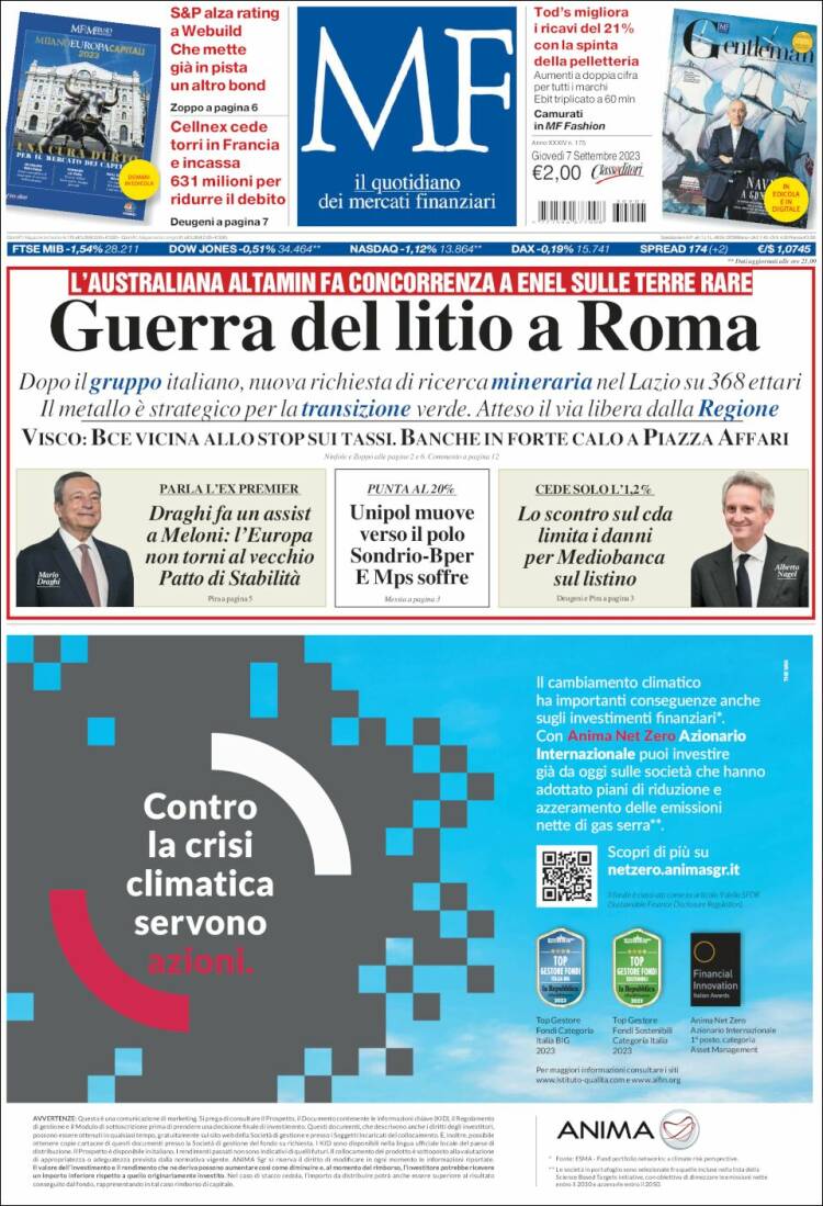Portada de Milano Finanza (Italia)
