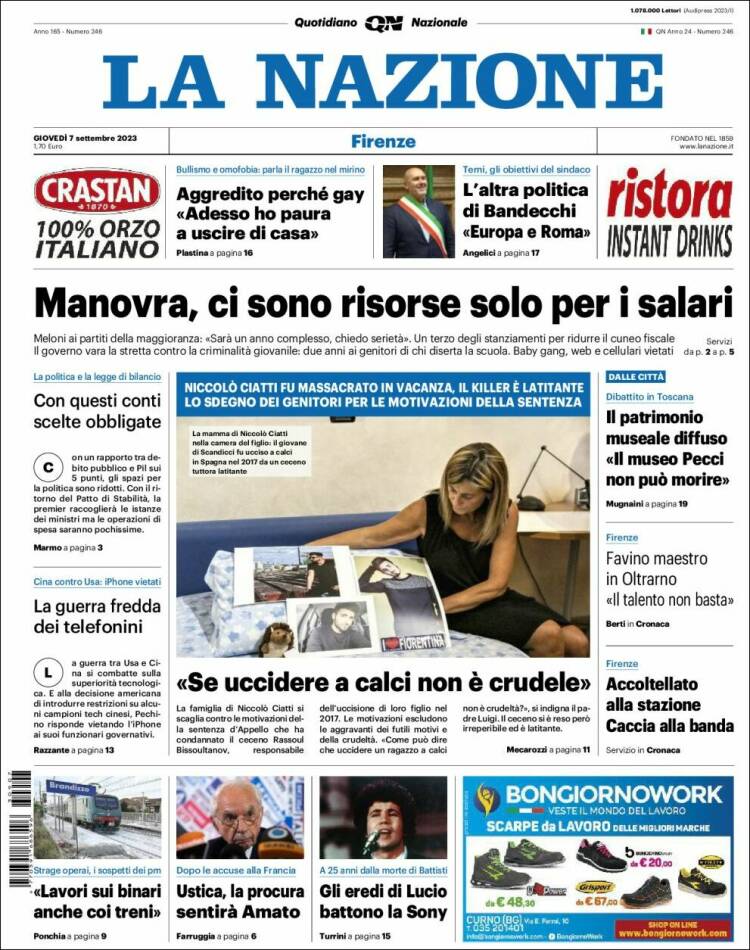 Portada de La Nazione (Italia)