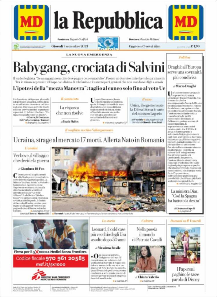 Portada de La Repubblica (Italia)