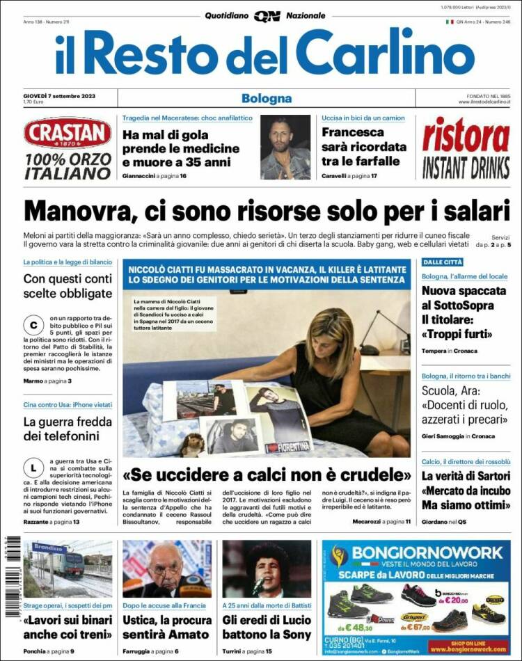 Portada de Il Resto del Carlino (Italia)