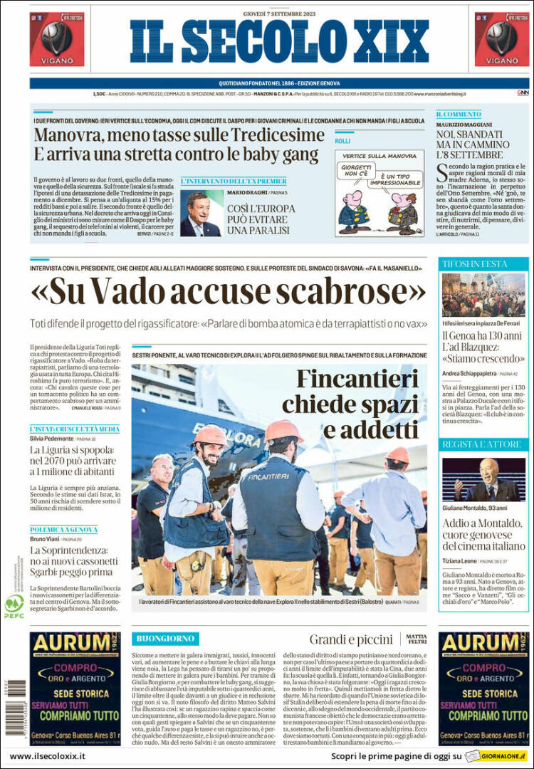 Portada de Il Secolo XIX (Italia)