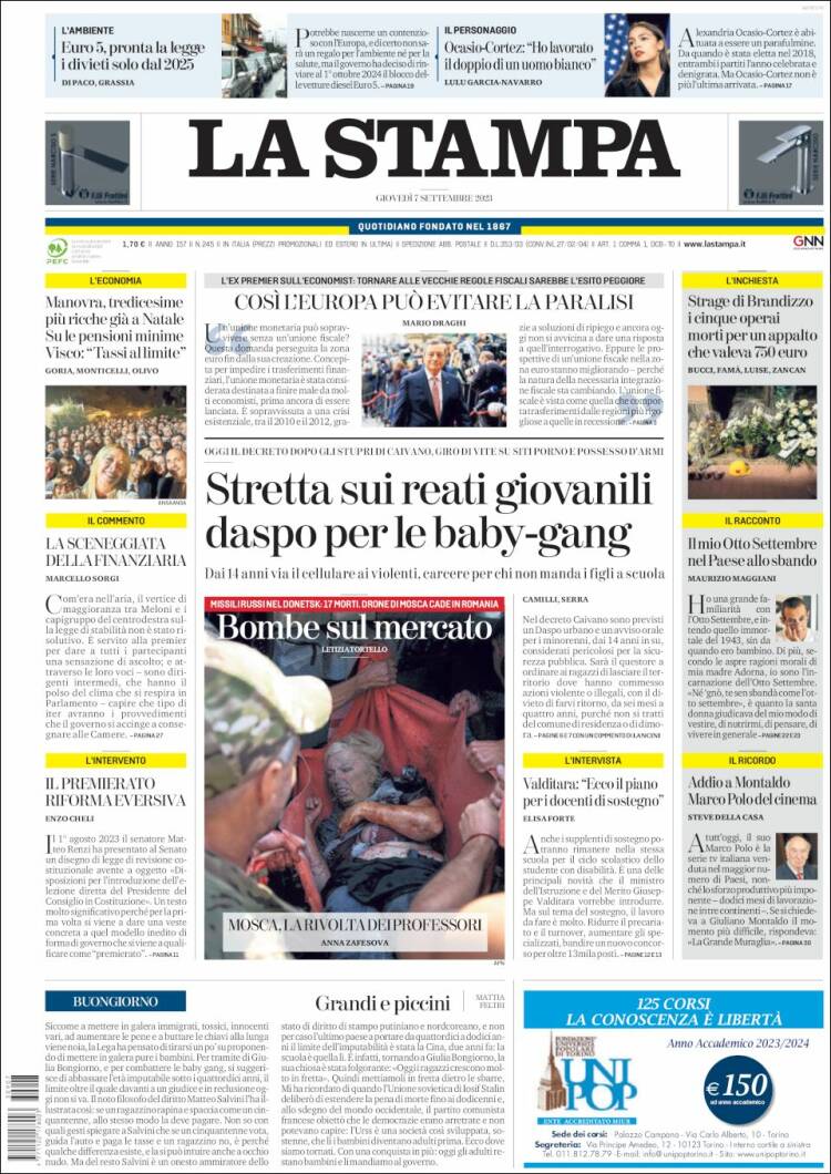Portada de La Stampa (Italia)