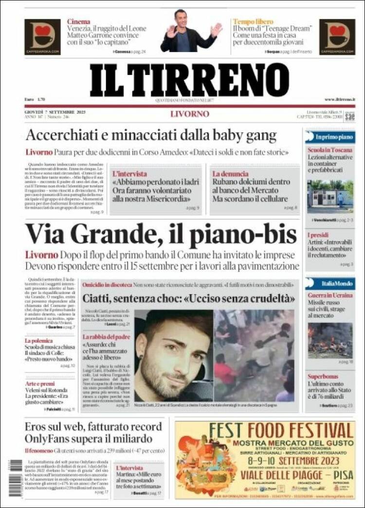 Portada de Il Tirreno (Italia)
