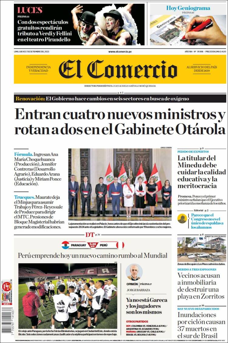 Portada de El Comercio (Per&uacute;)