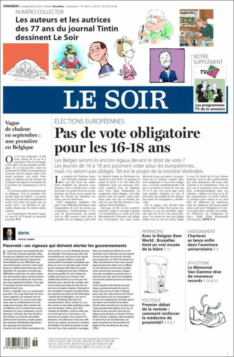 Portada de Le Soir (B&eacute;lgica)