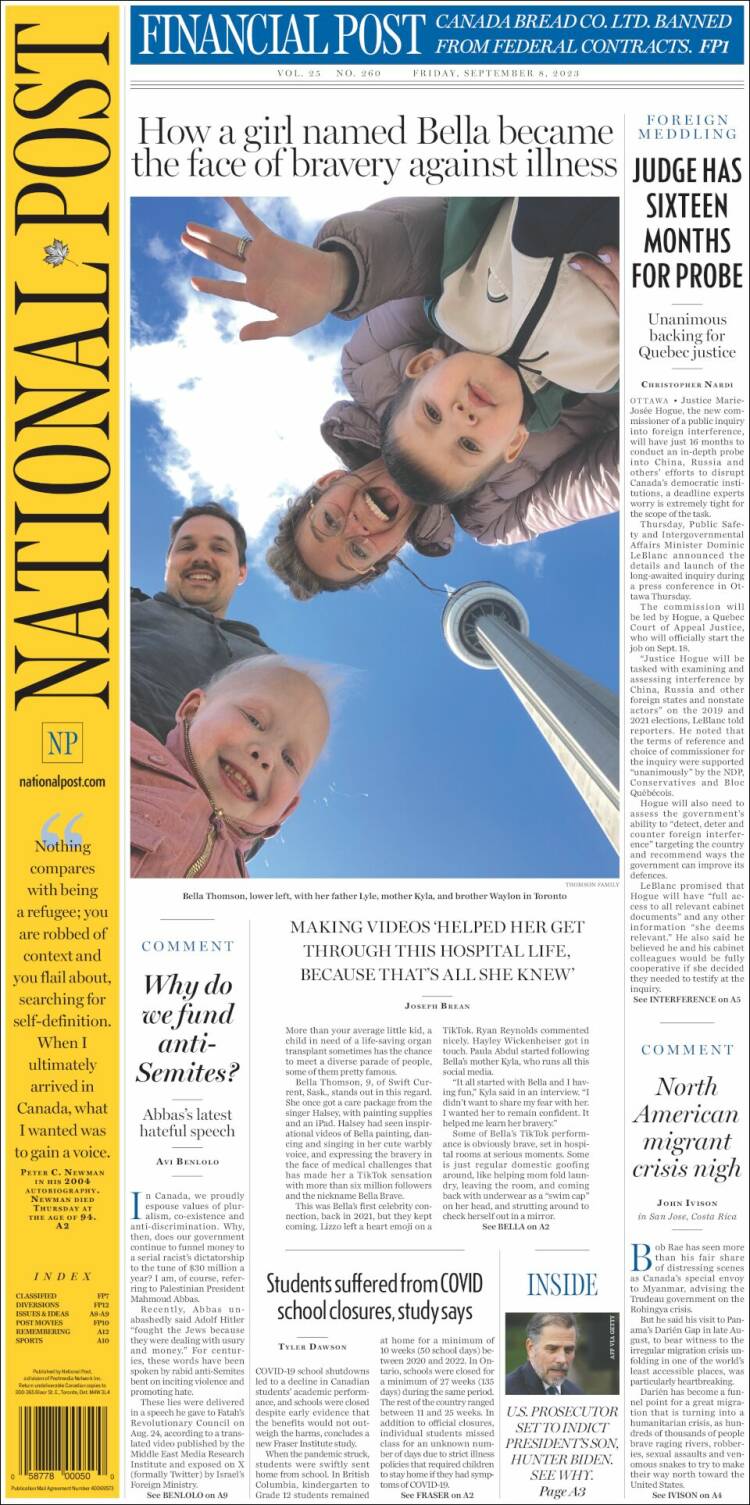 Portada de The National Post (Canadá)