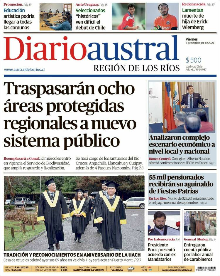 Portada de El Diario Austral de Valdivia (Chile)