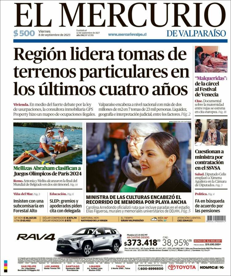 Portada de Mercurio de Valparaiso (Chile)