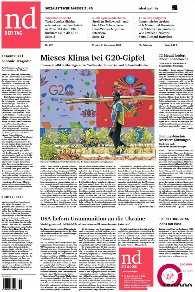 Portada de Neues Deutschland (Alemania)