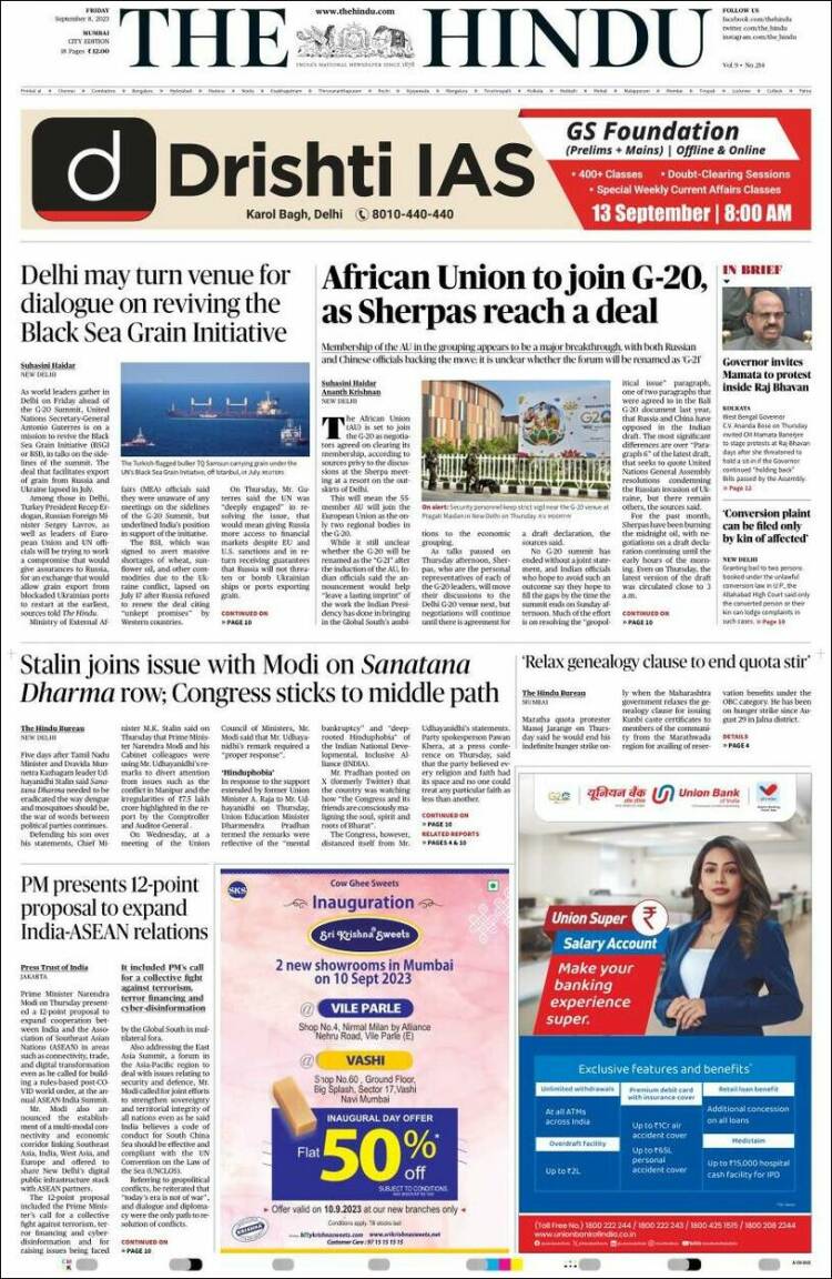 Portada de The Hindu (India)
