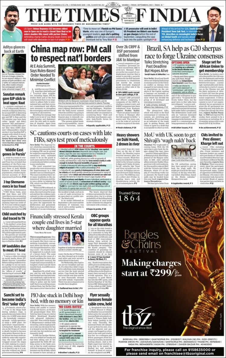 Portada de The Times of India (India)