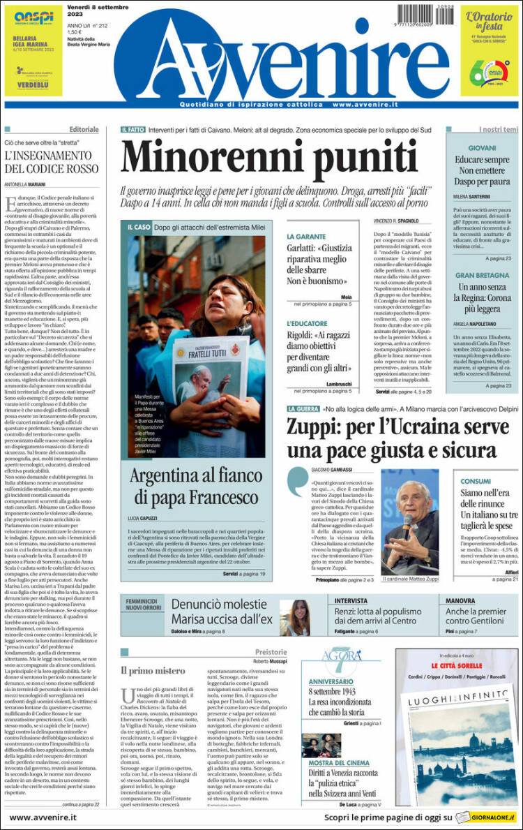 Portada de Avvenire (Italia)