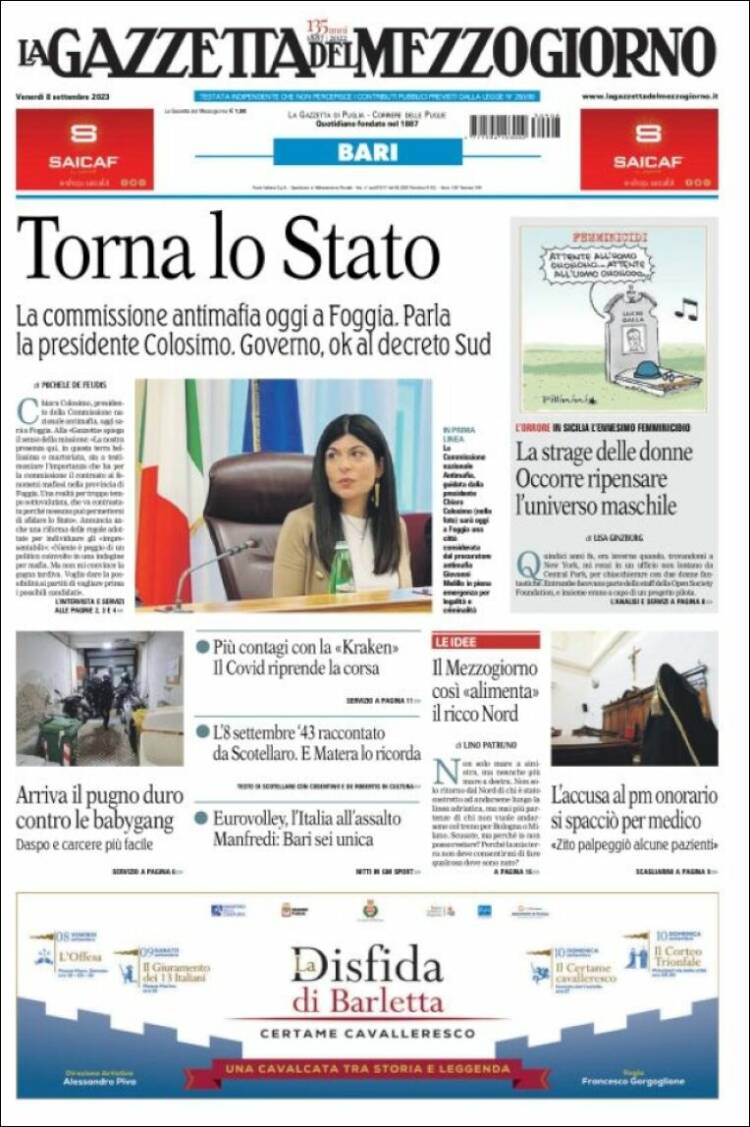 Portada de La Gazzetta del Mezzogiorno (Italia)