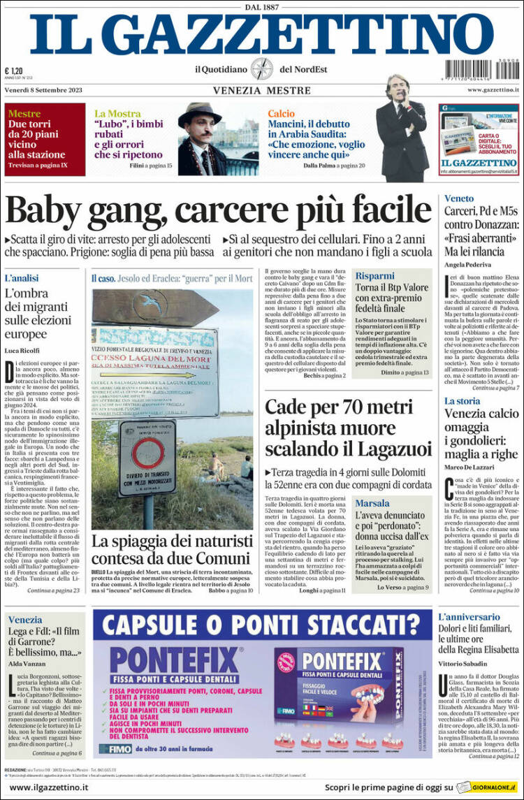 Portada de Il Gazzettino (Italia)
