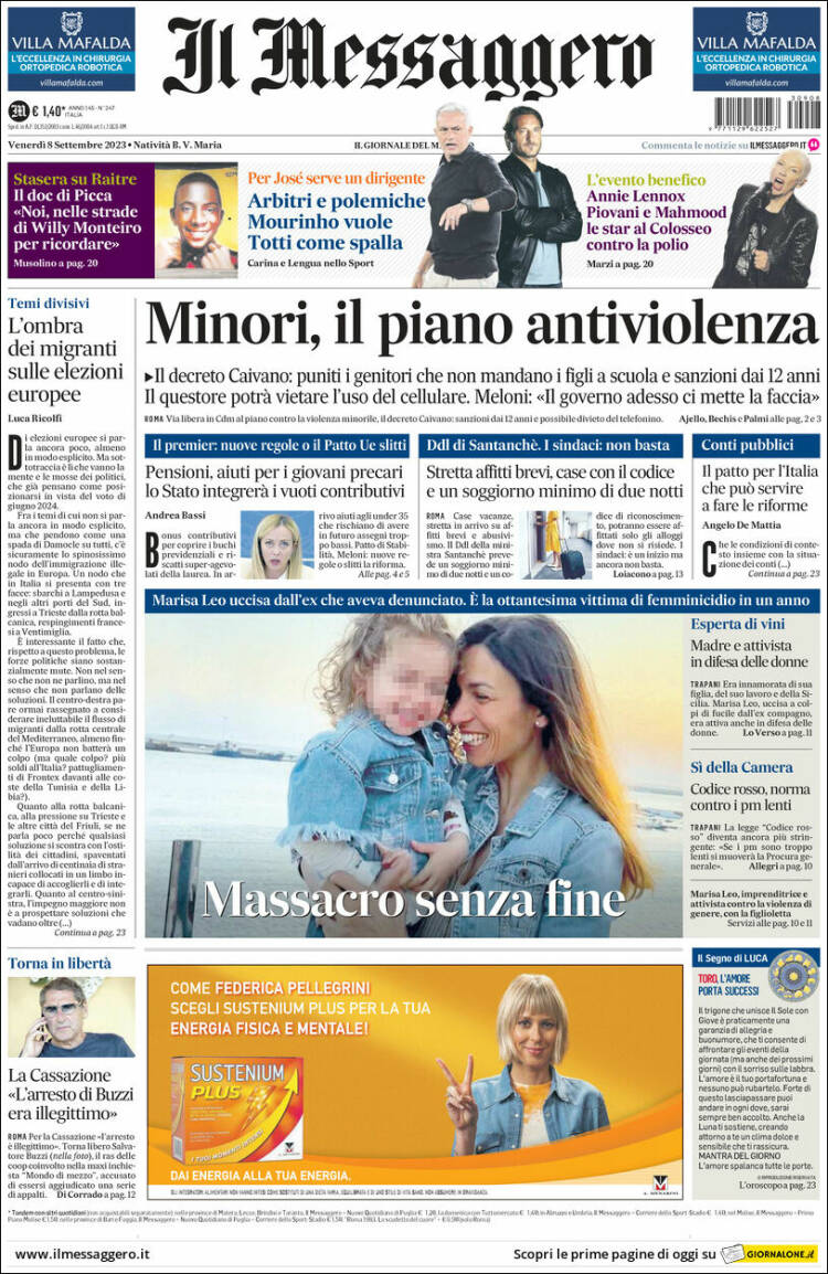 Portada de Il Messaggero (Italia)