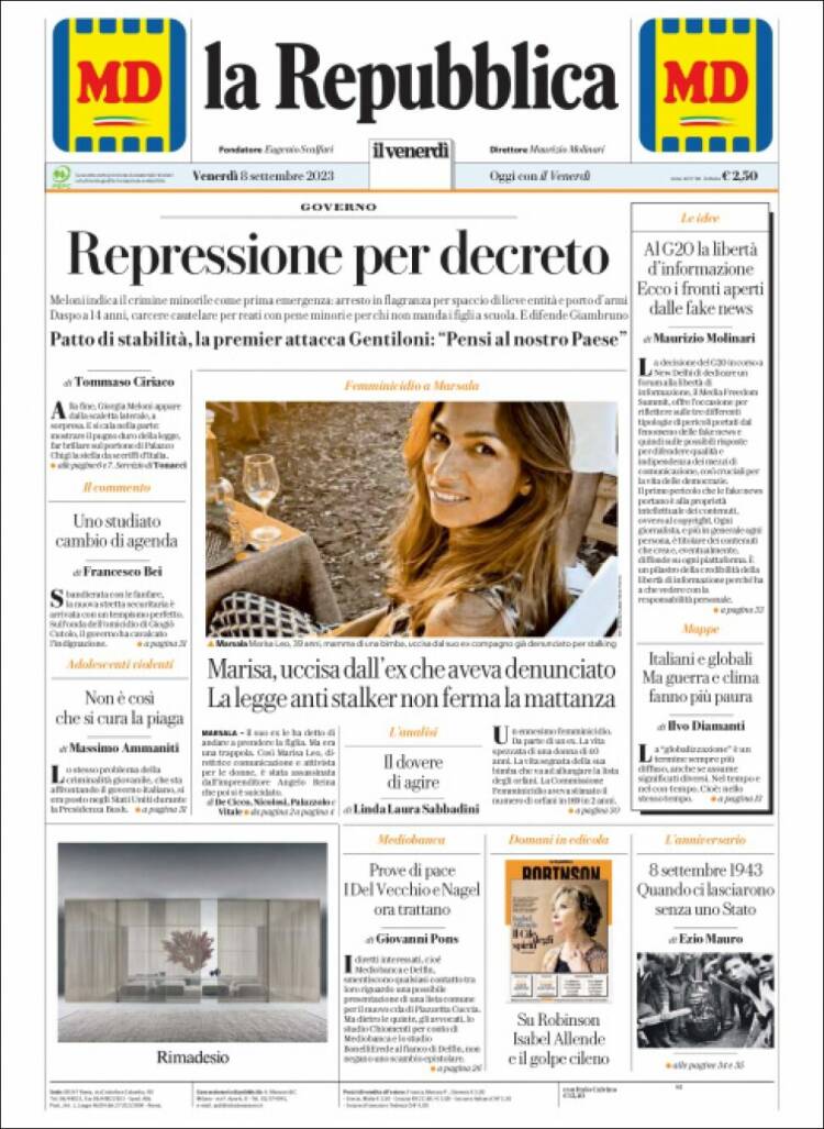 Portada de La Repubblica (Italia)