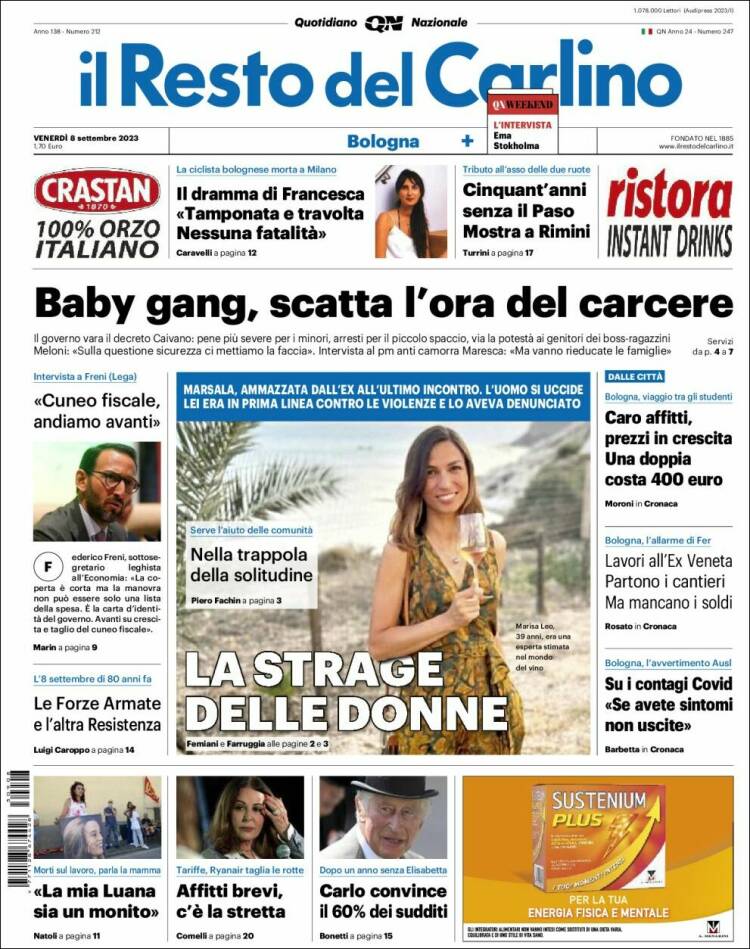 Portada de Il Resto del Carlino (Italia)