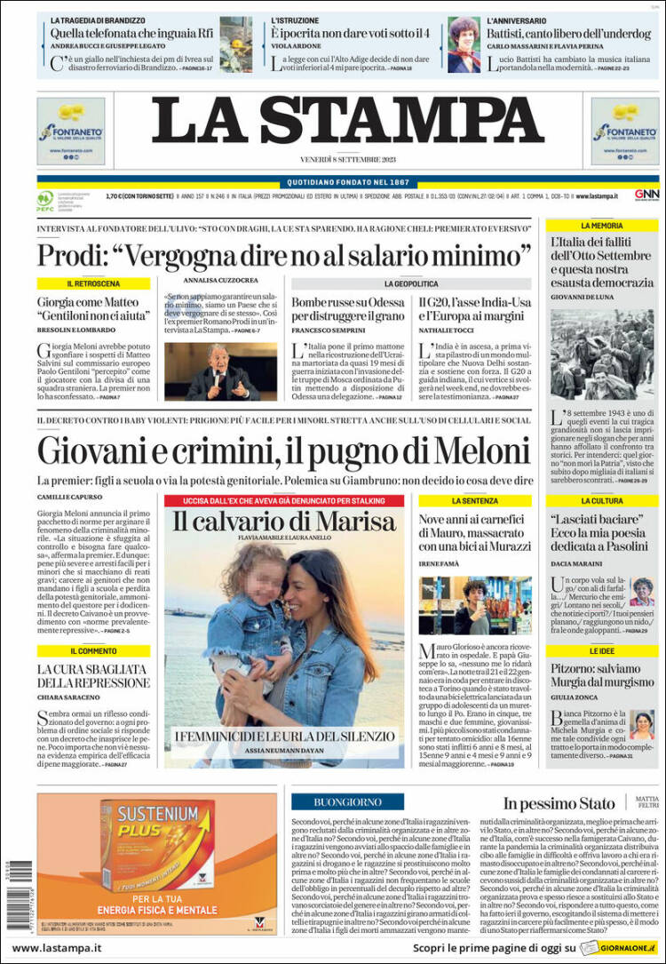 Portada de La Stampa (Italia)