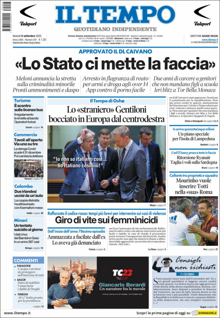 Portada de Il Tempo (Italia)