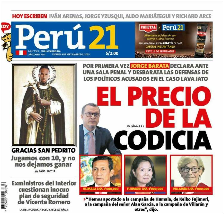 Portada de Perú 21 (Perú)